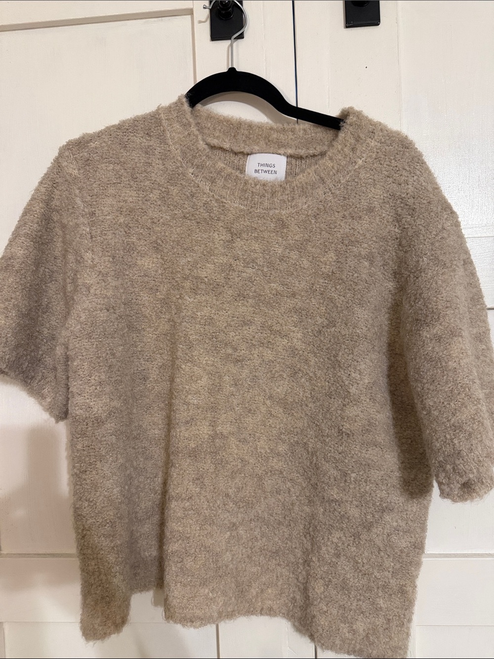 These Three Boutique Things Between Taupe Short-Sleeve Cozy Crew Sweater